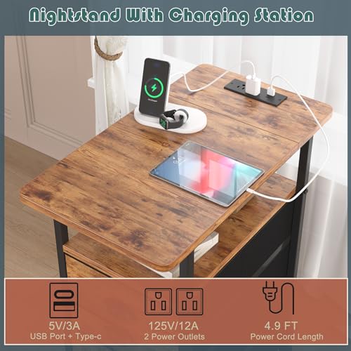 sthmec End Table with Charging Station,LED Side Tables with USB Ports and Outlets,Narrow Nightstands Bedside Tables with 3 Fabric Drawers for Small Space,Slim Sofa Table for Livingroom, Rustic Brown - color: Rustic Brown, size: 11.75'' W*21'' D* 24.3'' H,