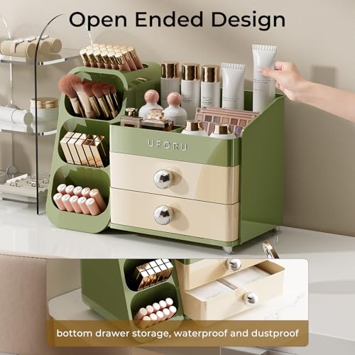 Makeup Organizer for Vanity with Brush Holder, Large Plastic Bathroom Countertop Skincare Organizer with 2 Drawers, Spacious Cosmetic Display Case for Perfumes, Eyeshadow Palettes, Nail Polishes - color: Green, size: Large