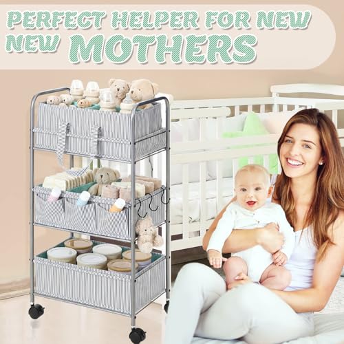 WILLBOND 2 in 1 Baby Diaper Caddy Organizer Cart, 3 Tier Large Stripe Bedside Rolling Cart Metal for Baby Essential with Divider for Newborn Registry Must Have Nursery Bedroom Mother Gift(Green) - color: Green
