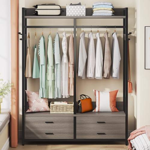 Tribesigns Freestanding Closet Organizer for Hanging Clothes, Heavy Duty Garment Rack with 4 Drawers, 8 Hooks and Storage Shelves, Wardrobe Closet Clothing Rack for Bedroom, Living Room, Grey - color: Gray