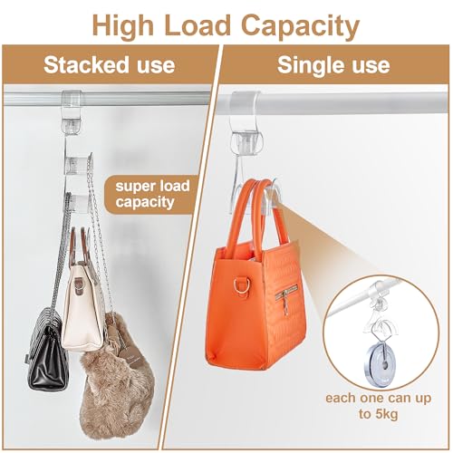 Cozcty Purse Hanger Closet, 2 Pack Clear Purse Organizer for Closet, Heavy Duty Bag Holder with 6 Hooks, Space Saving Hanging Bag Organizers and Storage for Handbags, Totes