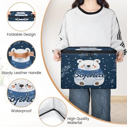 Custom Storage Basket with Name, Personalized Storage Bins with Zipper Lid, Foldable Fabric Storage Box Large capacity with Handle Snowflake White Bear - color: Option 1