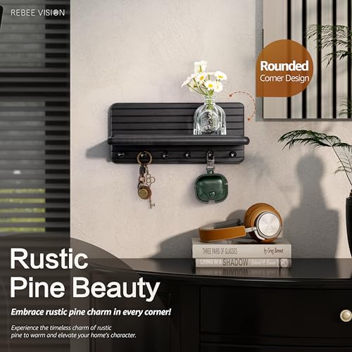 Rebee Vision Decorative Key Holder Wall Mount for Room Decor Aesthetic – Chic 11-Inch Wooden Key Holder for Wall with 6 Hooks & Floating Shelf - Elegant Home Organization Accent (Black) - color: Black, size: Medium-11inch