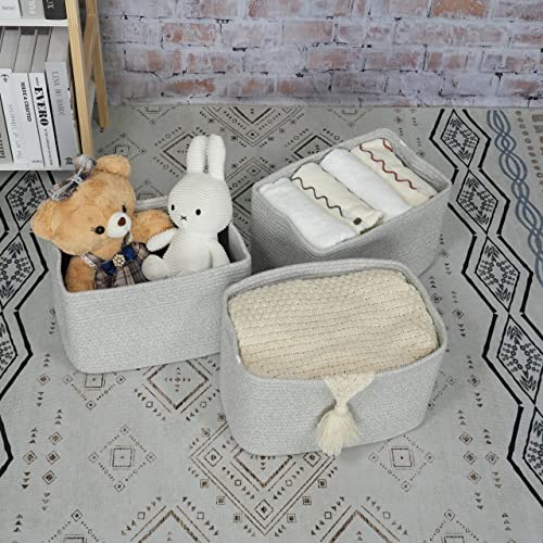 Cotton Rope storage Basket Bins Woven Basket for Organizing Shelves 15X10X9.3“ Rectangle Decorative Baskets For storage Clothes Toys Books Towels Square Wicker Nursery basket organizer 3 pack grey - color: Grey