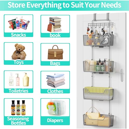 HapiRm Over The Door Organizer - Hanging Door Organizer with 4 Metal Large Capacity Baskets and Adjustable Coat Hook for Bathroom Bedroom Kitchen Pantry Closet Cabinet - color: Grey