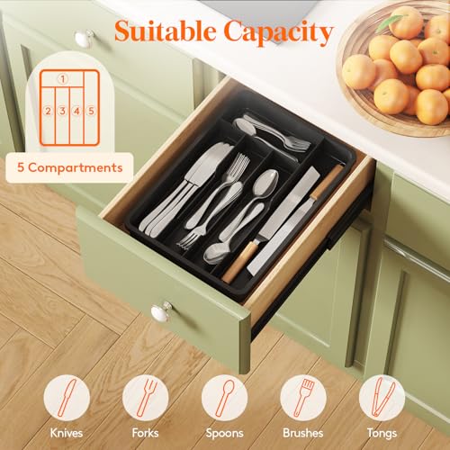 Lifewit Silverware Drawer Organizer Tray, Plastic Cutlery Storage for Kitchen, Flatware and Utensil Holder Divider for Spoons Forks Knives Tableware, 9.5 x 13.4", 5 Slots, Black - color: Black, size: 9.5 x 13.4 inch (5 Slots)