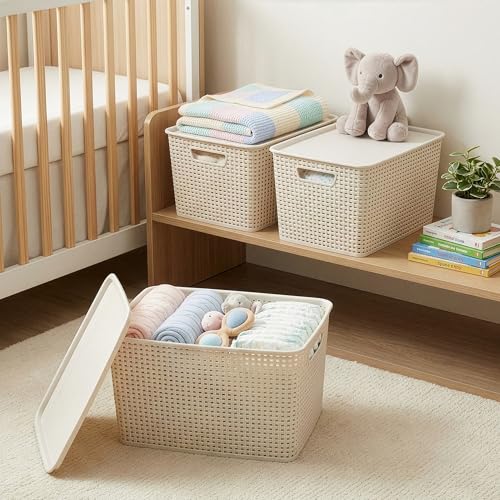 BINO | Plastic Storage Baskets with Lids, 22 Liter - 3 Pack, Natural | THE WOVEN COLLECTION | Storage Basket for Shelves | Woven Storage Baskets for Organizing Bins | Pantry Shelf Organizer Bin - color: Natural, size: 22L | 3-Pack