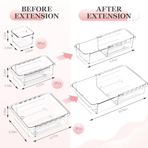 DILIBRA 16 Pcs Clear Extendable Drawer Organizer, Adjustable Drawer Storage 3-Size Desk Drawer Organizer, Plastic Non-Slip Storage Bins for Makeup, Cosmetic, Jewelries, Utensils, Stationery, Dressers - size: 3Pcs Large + 5Pcs Medium + 8Pcs Small