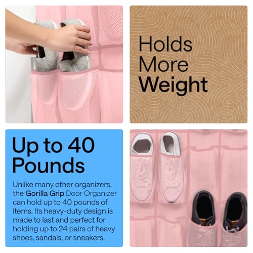 GORILLA GRIP Over the Door Shoe Organizer, 24 Large Breathable Mesh Pockets, Space Saving Hanging Storage Holder, Closet Rack Hanger Holds Up to 40 lbs, Hangs on Closets for Shoes, Accessories, Pink - color: Light Pink, size: 24 Pockets/4 Hooks