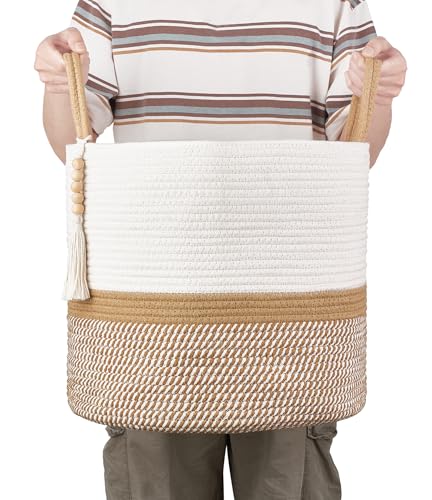 Mkono Woven Storage Basket Decorative Natural Rope Basket Wooden Bead Decoration for Blankets,Toys,Clothes,Shoes,Plant Organizer Bin with Handles Living Room Home Decor, 16"W×13.8"L, White and Brown - color: White and Brown, size: 16" W × 13.8"L