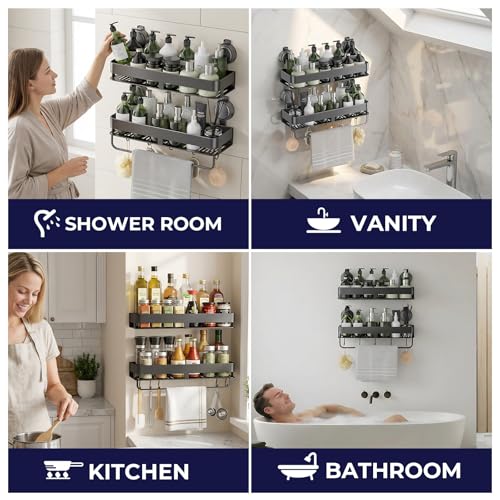 ONXE Shower Caddy Suction Cup,2 Pack Extra-Strong Suction Shower Shelves,No Drilling Rustproof Organizer for Bathroom,Kitchen,Home Decor,Reusable Bathroom Storage with Large Capacity(15.7 inch) - size: 15.7 inch-With bar