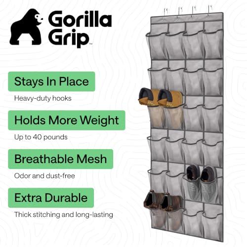 GORILLA GRIP Over the Door Shoe Organizer, 24 Extra Large Breathable Mesh Pockets, Space Saving Hanging Storage Holder, 4 Hook Closet Rack Hanger, Hangs on Closets for Shoes and Accessories, Grey - color: Grey, size: 24 Extra Large Pockets/4 Hooks