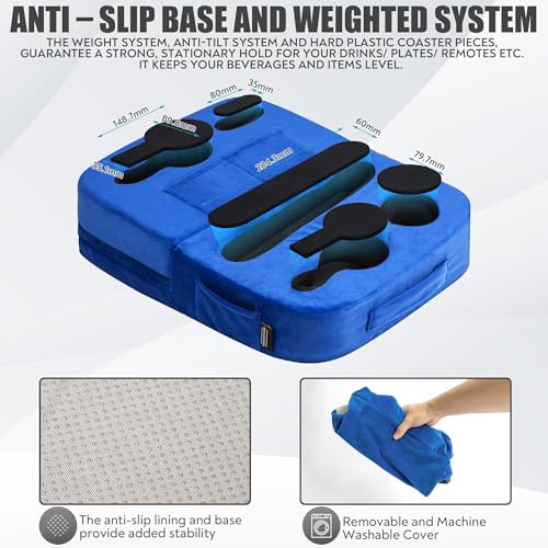 TabCouchCaddy - Couch Cup Holder Tray Pillow - Bed, Couch Caddy, Sofa, RV & Car - Holds Drinks, Snacks, Remotes, Phones, Kindle, Tablet | Bed Cup Holder (Blue) - color: Blue