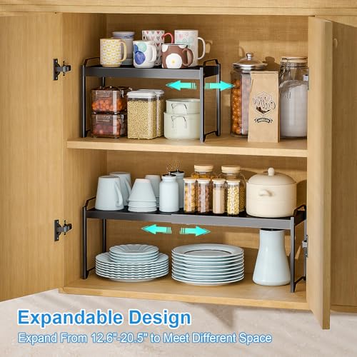 4 Pack Kitchen Cabinet Shelves Organizers, Kitchen Counter Storage Shelf Spice Rack, Expandable Length, Adjustable Height, Stackable, Sturdy 30LBS Bearing, Small Cupboard Tabletop Organizer Shelf Rack - color: Black, size: 4 Pack (L=12.6"-20.5")