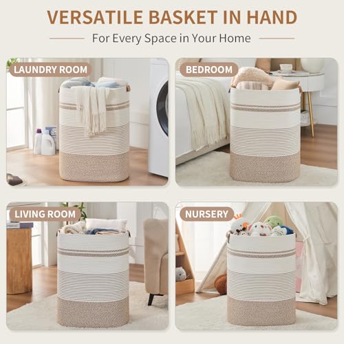 AINUOQI Laundry Basket with Handles - Blanket Basket & Hampers for Bedroom Aesthetic, Laundry Hamper & Blanket Storage for Living Room, Clothes Hamper, Tall, Large 17" x 14" x 22”, Brown & White - color: Brown & White, size: 85L