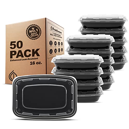 Freshware Meal Prep Containers [50 Pack] 1 Compartment Food Storage Containers with Lids, Bento Box, BPA Free, Stackable, Microwave/Dishwasher/Freezer Safe (16 oz) - size: 16OZ-50PK