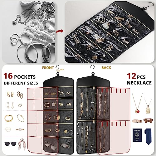 CHICECO Travel Jewelry Holder Organizer,Hanging Jewelry Organizer Storage with Zippered Pockets for Cloest,Jewelry Holder for Earrings, Necklaces（Black） - color: Black