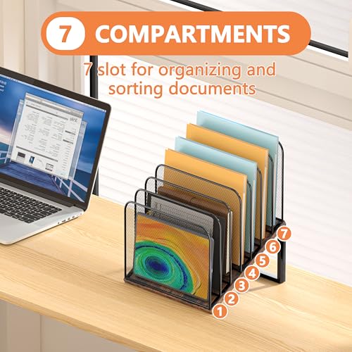 Piskyet Wooden Desk File Organizer, 7-Section Vertical File Folder Holder Stand,Metal Mail Paper Chromebook Organizer for Teacher Desk Office Classroom Desktop Organization（Inclined） - size: 7-Section Inclined