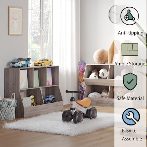 DINZI LVJ Toy Storage Organizer, Kids Bookshelf, Wood Toy Storage Cabinet, 5 Cubby Children Bookcase, 39.4" L Toddler Book Shelf for Playroom, Living Room, Nursery, Hallway, School, Greige - color: Greige, size: 2-Tier 39.4"