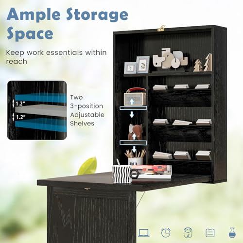 Tangkula Foldable Wall Mounted Desk, Floating Desk with Storage Shelves & Hooks, Space-Saving Fold-Up Murphy Table for Small Spaces, Home Office, Dorm Room - color: Black