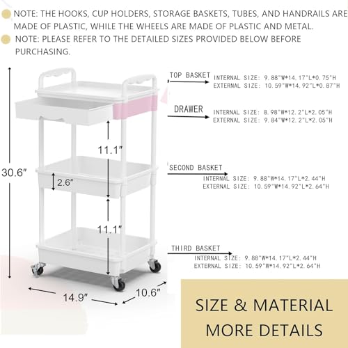 Goovilla 3 Tier Rolling Utility Cart Organizer with Removable Drawer, Stable and Sturdy White Rolling Storage Carts with 2 Lockable Wheels for Bathroom, Kitchen, Snack, Craft, Makeup, Baby Essentials - size: 3 Tier, style: White