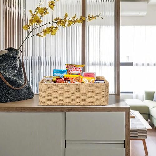Drawer basket Handwoven Paper Rope Rectangular Shallow Basket Storage-15.35X12.01X4.72 Inches (Light brown) - color: Light brown