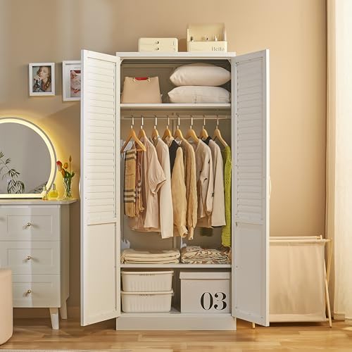 71" Tall Metal Wardrobe Closet with Hanging Rod, Adjustable Shelves – Durable Steel Armoire for Home or Office - color: Urban Essential-white
