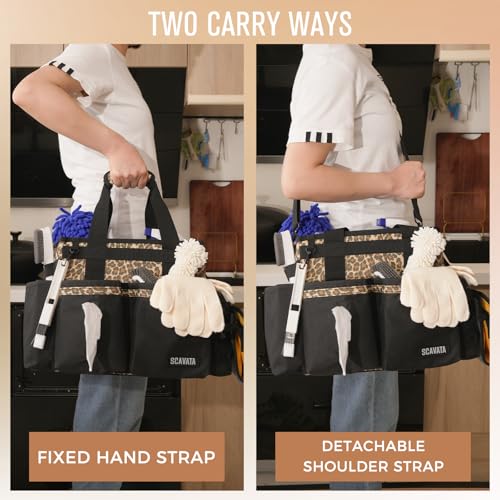 SCAVATA Compact Wearable Cleaning Caddy, Small Cleaning Supplies Organizer with Handle & Shoulder Straps for Housekeepers, under Sink & Car Cleaning Tool Organizers Bag (Leopard) - color: Leopard