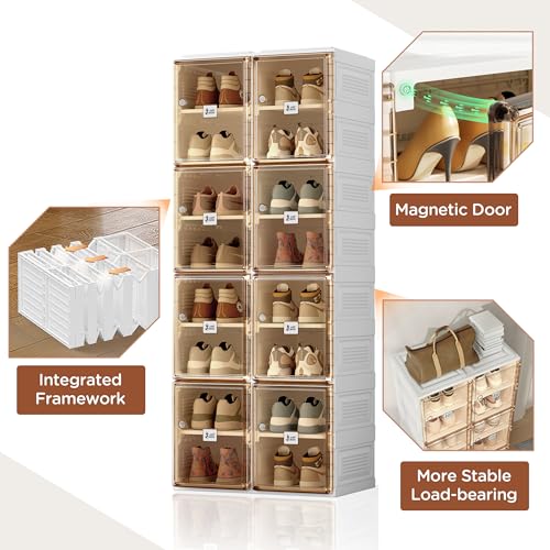 ANTBOX Shoe Organizer Storage Box, Portable Folding Shoe Rack For Closet With Magnetic Clear Door,Large Sneaker Cabinet Bins Sturdy Easy Assembly 8 Layers-16 Grids - size: 8 Layers-16 Grids