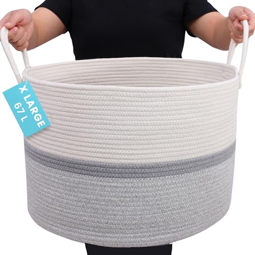 OrganiHaus Large Woven Storage Basket for Blankets and Toys 20" x 13" Inch, Rope Laundry Basket with Handles, Cushions & Pillows Storage Bin, Nursery Hamper, Soft Round Dog Toy Bin - Gray Stripe - color: Striped Gray, size: Wide