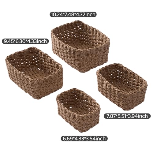 4PCS Woven Storage Baskets Set, Small Baskets for Organizing, Square Handwoven Paper Rope Organizer Bins for Shelves and Home Storage (Brown) - color: Brown