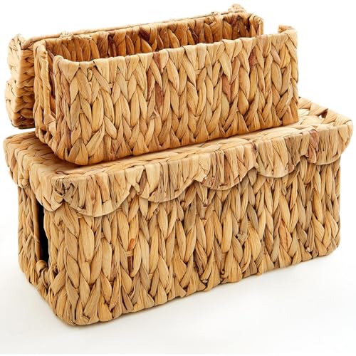 Patelai 2 Pack Scalloped Cable Management Box, Handwoven Water Hyacinth Cord Cable Organizer Box with Lid, 2 Open Slots Cord Basket for Power Strips & TV Wires, Desk, Floor, Office(Natural Color)