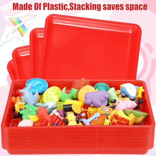 Maitys 15 Pcs Flat Plastic Trays 16.1 x 11.8'' Sensory Storage Paper Tray Stackable Classroom Bins for Office Home Organizer Crafts Supplies(Red) - color: Red