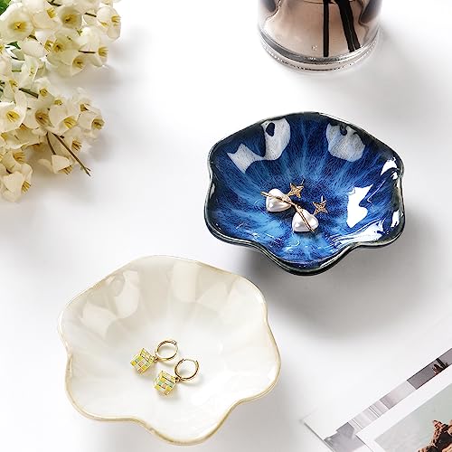 2PCS Lotus Leaf Shape Ring Holder Dish, Small Key Bowl, Ceramic Trinket Tray Jewelry Dish Organizing Necklace Earrings for Mom Friend Sister, All Jewelries Are NOT Included.White+Deep Blue. - color: White+Deep Blue-Lotus