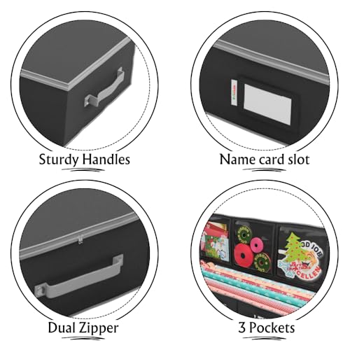 Primode Wrapping Paper Storage Container | Gift Wrap Organizer Under Bed | 41”x14”x6” | Box Holder for 18-24 Rolls Up to 40” | 600D Oxford Material | Pockets for Ribbon, Bows, and Accessories (Black) - color: Black