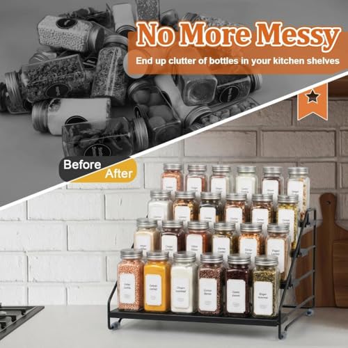 4 Tier Spice Rack Organizer for Cabinet, Step Adjustable Spice Shelf Seasoning Organizer with Non Slip Tiers, Expandable Metal Spice Rack for Kitchen Countertop, Pantry, Cupboard – Black