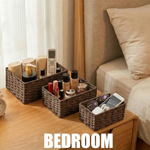 Small Wicker Basket for Organizing, Woven Storage Basket Set of 3 - Handwoven Natural Paper Rope Baskets to Declutter Any Room, Perfect for Organizing and Home Decor (Coffee) - color: Coffee