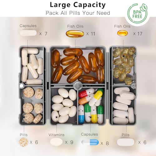FYY Daily Pill Organizer, 7 Compartments Portable Pill Case Travel Pill Organizer,[Folding Design] Pill Box for Purse Pocket to Hold Vitamins,Cod Liver Oil,Supplements and Medication-Grey - color: Grey, size: Small (1 Piece)