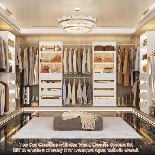Aheaplus Closet System, 6-15Ft Closet Organizer with 8 Wooden Drawers, Wood Closet Organizer System with Tower, Walk-in Closet Organizer Wardrobe Clothes Rack with 4 Hanging Rods, Garment Rack, White - color: White