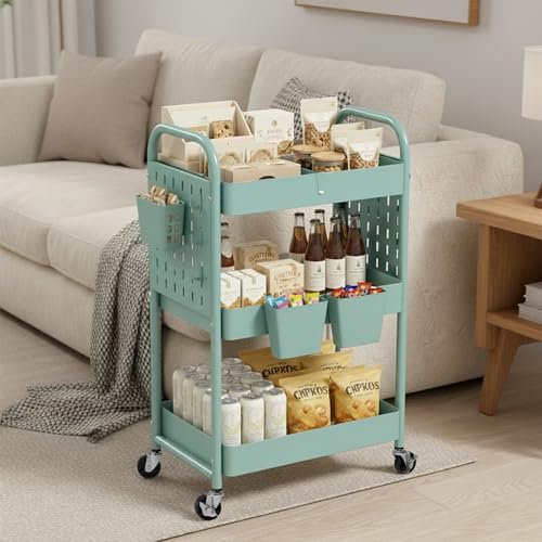 danpinera Rolling Cart, Movable Utility Organizer with Retractable Dividers & Pegboards for Kitchen, Bathroom, Office - color: Green, size: with Dividers