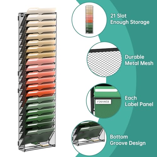 SUPEASY 21 Tier Wall File Organizer, Hanging Wall Mounted Mail Organizer with Label Slots, Metal Mesh File Holder Magazine Rack for Office, Home, School or Classroom, Black - color: Black, size: 21-Tier