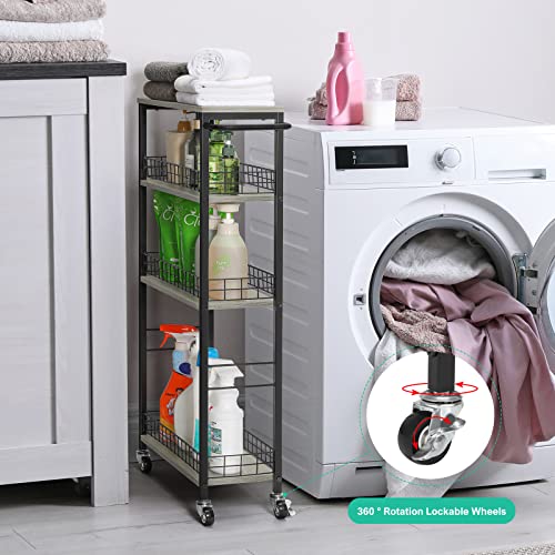 YBING Slim Storage Cart 4 Tier Narrow Rolling Cart on Wheels Mobile Kitchen Narrow Cart with Wooden Tabletop Grey Slim Utility Kitchen Storage Cart with Handle for Living Room 7.3''Wide - color: Grey