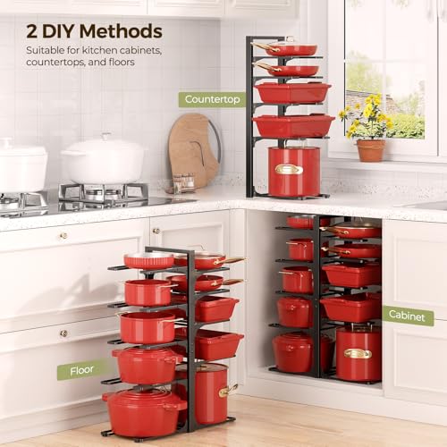 LAMU 10-Tier Pots and Pans Organizer under Cabinet, 23.62" Height Heavy Duty Pots Pans Organizer Rack for inside Cabinet Adjustable for Big Stockpots, Dutch Oven, Cast-iron Pans, Heavy Cookware - color: Black, size: XXL-10Tier-23.6“H