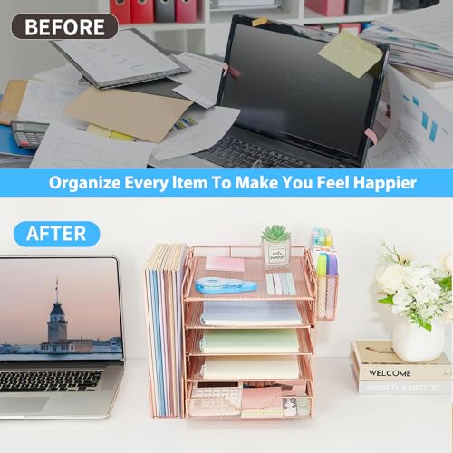 Desk Organizer, 5-Tier Paper Letter Tray Organizer with File Holder, Drawer and Pen Holder, Desktop Organizer for Office Supplies, Rose Gold - color: Rose Gold