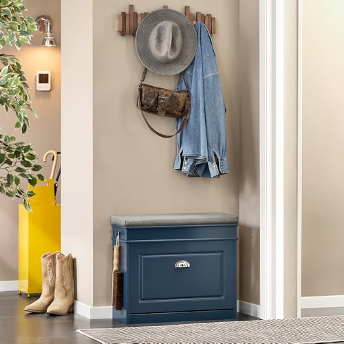 Haotian Small Shoe Storage Bench, Narrow Shoe Cabinet Entryway with 1 Flip-Drawer and Seat Cushion, Mini Shoe Rack Hallway Entrance Mudroom, Navy Blue FSR82-K-B - color: Navy, size: 1 Drawer:24x9.4x20"