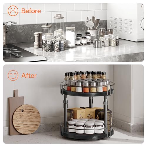 HOOBRO Lazy Susan Organizer Spice Rack, 2-Tier Height Adjustable Rotating Lazy Turntable Spice Organizer, for Kitchen Countertop and Cabinet, Black BB05TL01 - color: Black