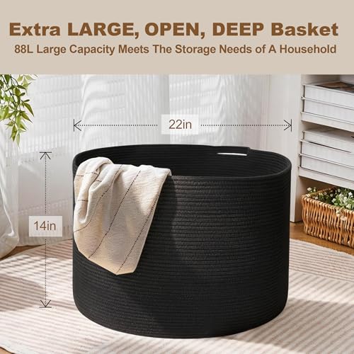 MEGASKET Large Black Blanket Basket, 22" X 22" X 14" Woven Rope Bin for Storage, Kids Dog Toy Storage Box Organizer Bins, Blanket Holder for Living Room, Decorative Wicker Basket for Organizing - color: Black, size: 22"x22"x14"