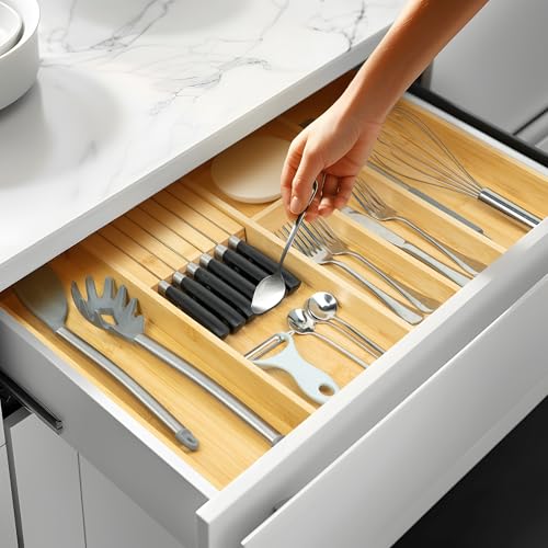VaeFae Bamboo Kitchen Drawer Organizer, Utensil Tray with Multiple Compartments, Cutlery and Silverware Storage - color: Natural, size: Small - Non-expandable without Block