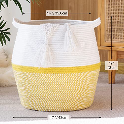 KAKAMAY Woven Baskets for Storage(17"x17"),Large Cotton Rope Woven Baby Laundry Hamper,Collapsible Laundry Basket, Blanket Basket for Organizing Living Room,Nursery,Pillows,Toy Chest(Yellow) - color: Yellow