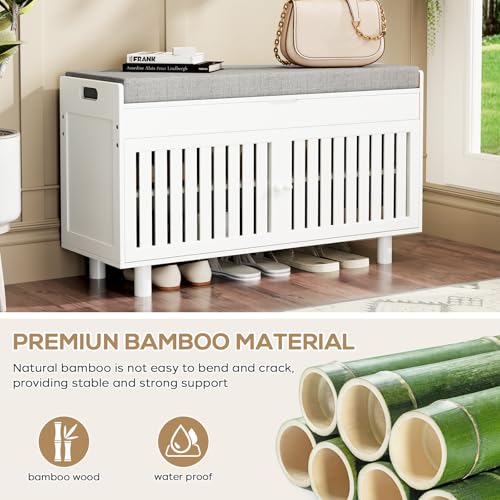 oakvivo 35.4in Shoe Bench with Storage, Bamboo Entryway Bench with Lift Top Hidden Storage & Padded Seat, 2 Doors 2-Tier Narrow Shoe Rack Cabinet Organizer for Hallway Mudroom Bedroom, White - color: White